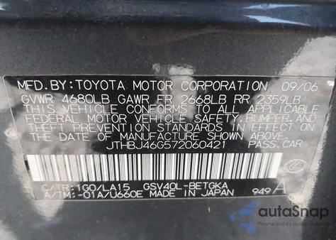 2007 Lexus Es 350 z USA, uszkodzony, nr VIN JTHBJ46G572060421